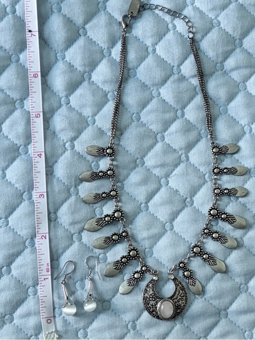 Silver-Tone Statement Necklace and Earrings Set - White Stone Accent